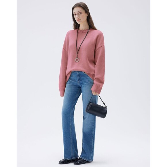 Women Cashmere Blend Oversized Crew Neck Pink Rose Soft Warm Pullover Sweater - Picture 5 of 5